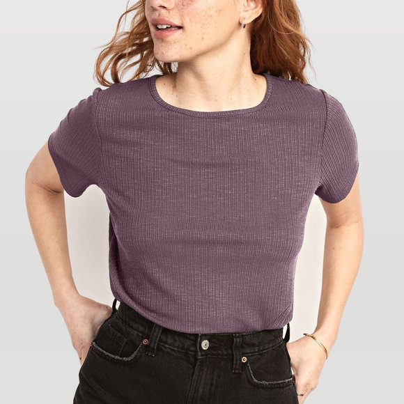 Old Navy Luxe Ribbed Slub-Knit Short Sleeve Crew Neck T-Shirt in Lavender Purple - Picture 9 of 9